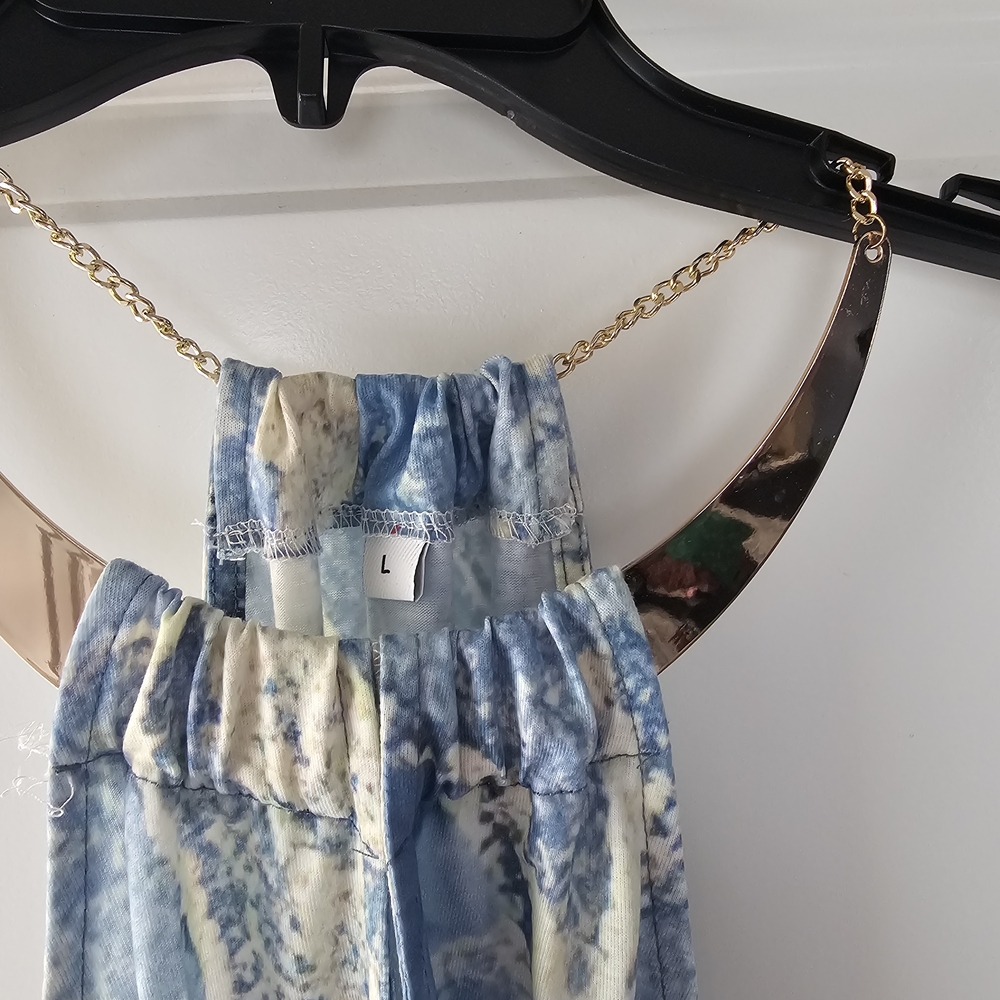 Source Unknown Blue and Cream Strapless Dress